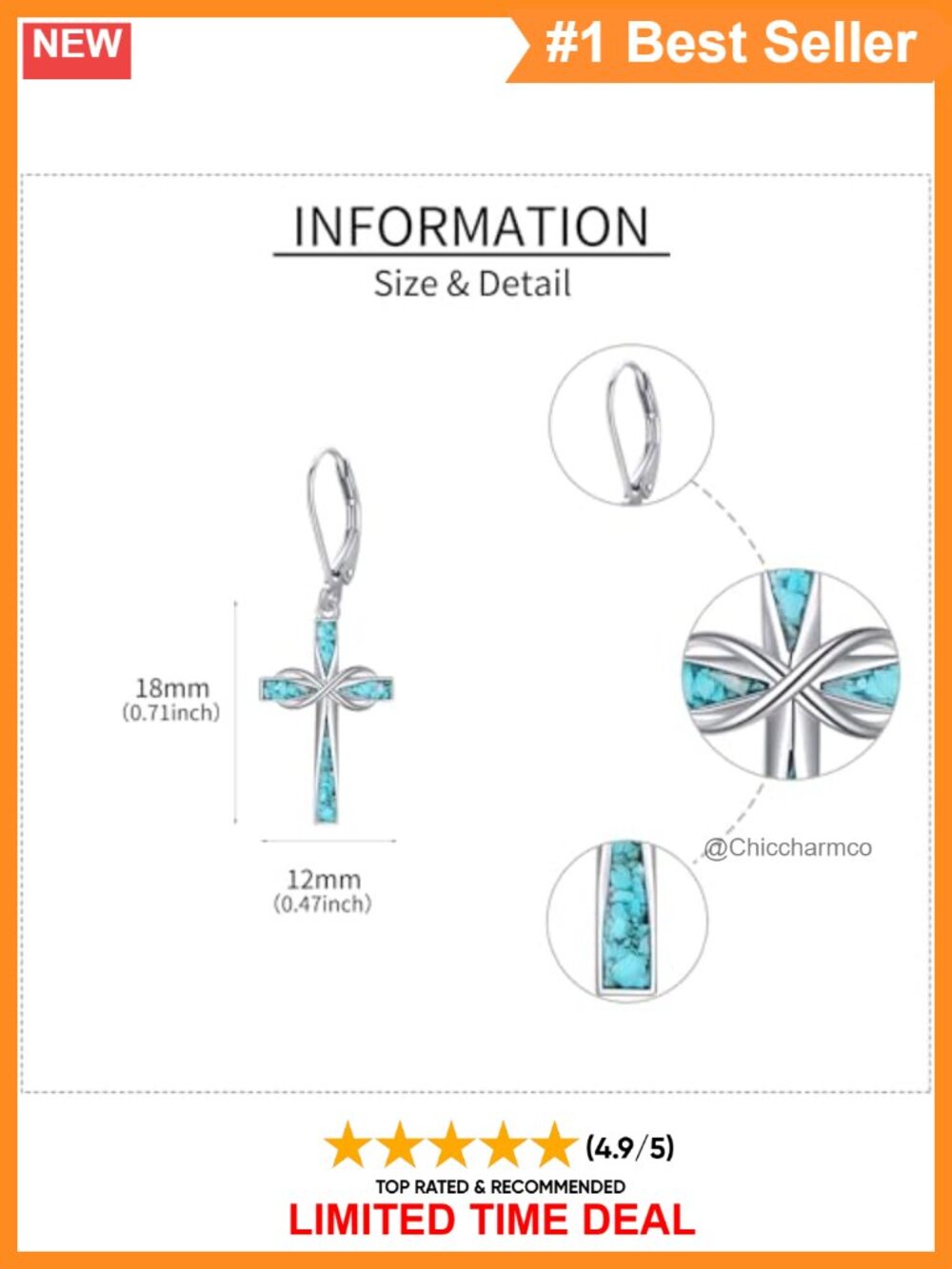 925 Sterling Silver Turquoise Cross Infinity Dangle Earrings for Women - Picture 4 of 6
